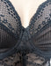Black Elomi Charley longline lace bra on a mannequin against a white background. Style EL4381. Gore view.