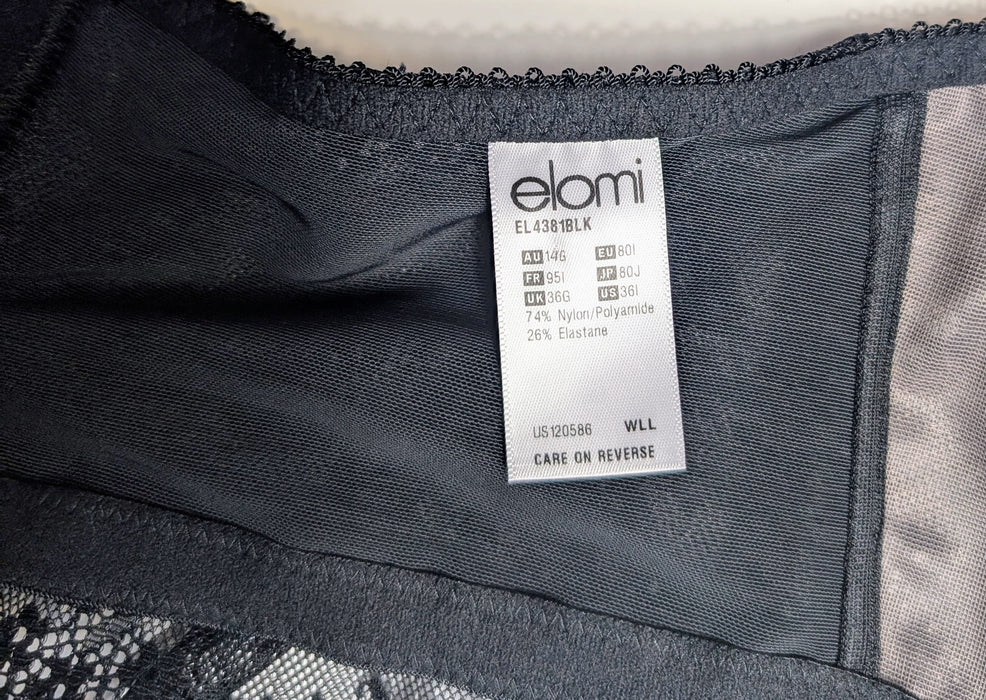 Black Elomi Charley longline lace bra on a mannequin against a white background. Style EL4381. Tag view.