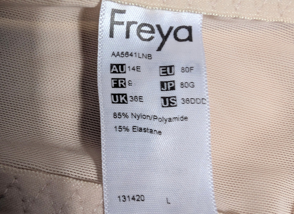 Beige Freya bra, Viva, on a mannequin against a white background. Style AA5641. Tag view.