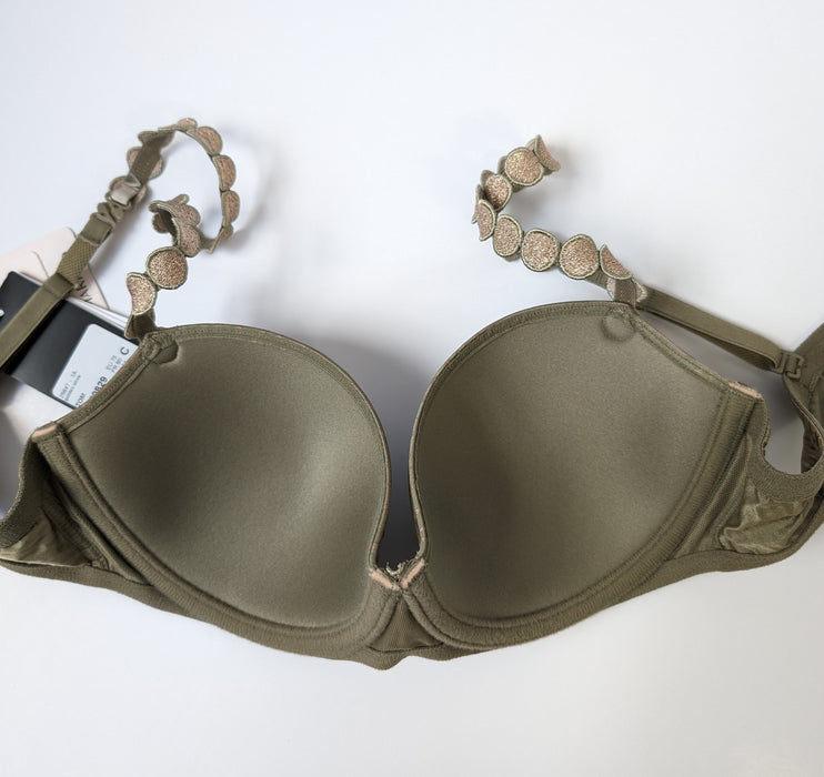 A classic in the bra world, the Marie Jo Tom, a padded tshirt balcony bra in an olive green. On sale. Style 0120829.