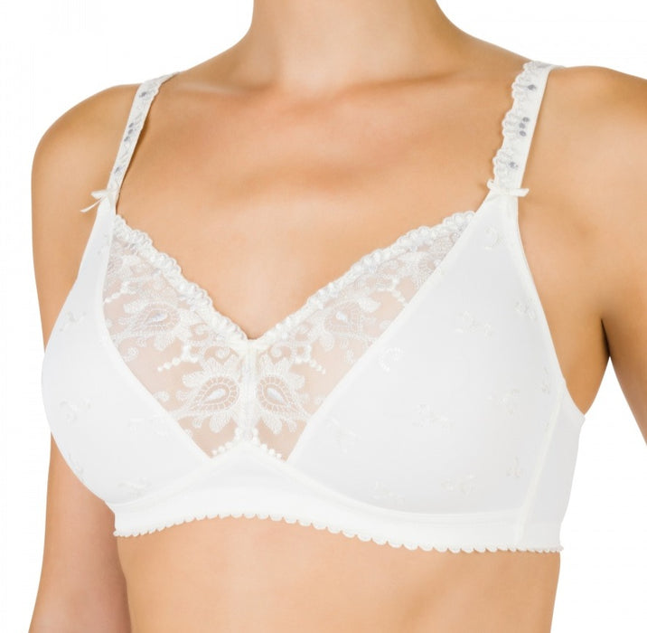 A wireless bra from Felina, Symphony, is a great staple bra. Supportive, soft, comfortable, made with molded cups. Color White. Style 203216.