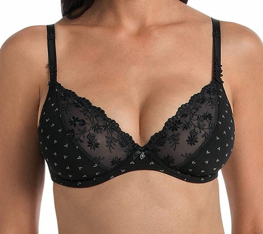 From Anita's Rosa Faia line, Louisa, is a supportive plunge bra made with a soft microfibre and floral embroidery. A discontinued bra at a low price. Color Black. Style 5658.