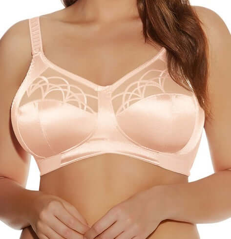 A superior wireless bra for the plus size, full bust woman from Elomi, Cate. This bra is support, style, and comfort. Color Latte. Style 4033.