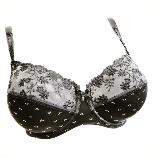 This Rosa Faia bra in a balconette, well made, with wonderful sheer top cups with floral embroidery. Discontinued and on sale! Color Black. Style 5656.