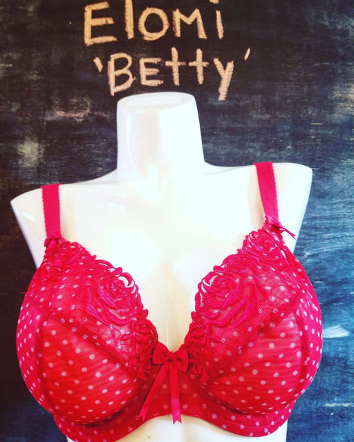 Betty by Elomi is a sheer tulle bra with a plunging front and 4-part underwire cups plus side support panels to provide superior support. Ideal for the full bust, full figure woman. Style EL8170. 
