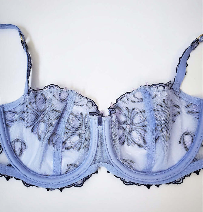 Chantelle Champs Elysee, a wonderful sheer demi bra with embroidery. Color Placid Blue. Style 2605.