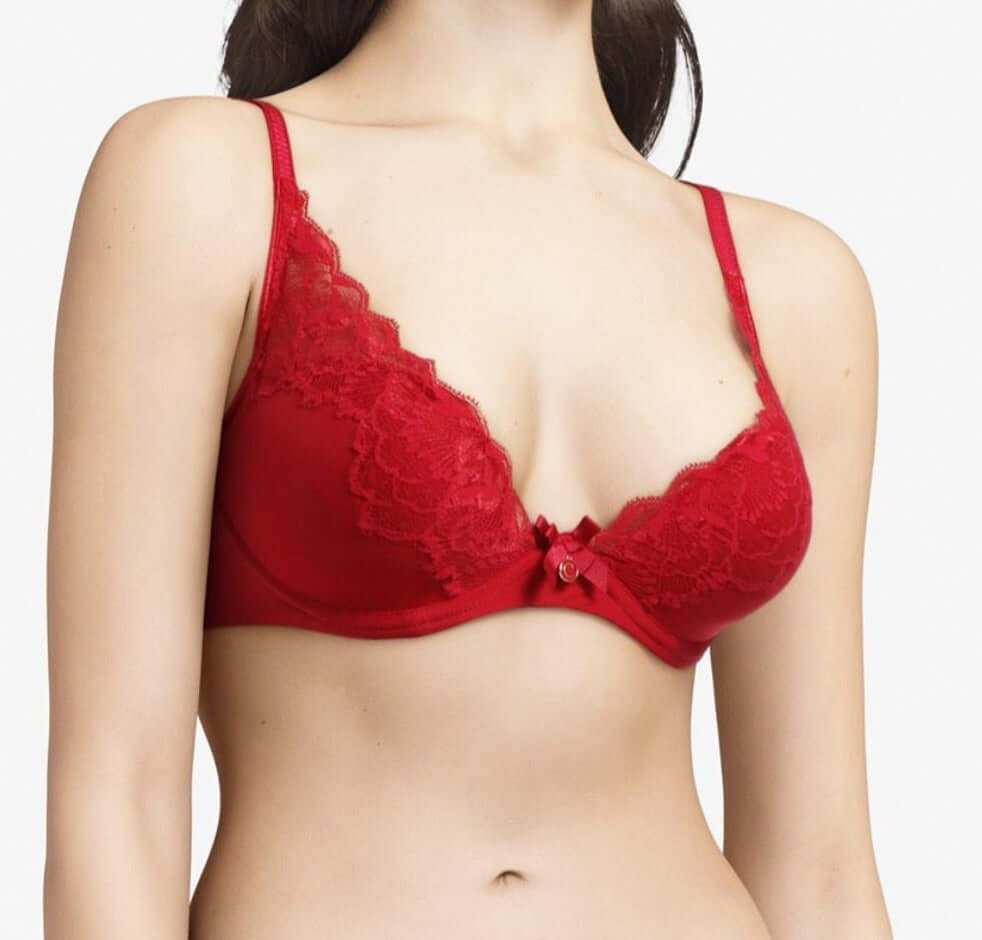 Chantelle Orangerie, a low cup plunge bra made of a soft fabric with padded cups. Color Candy Apple. Style 6762.