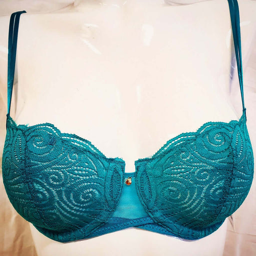 Chantelle Pyramide, a seductive demi bra with sheer lace cups, a light mesh lining, and double spaghetti straps on the front. Color Jet Green. Style 1465.