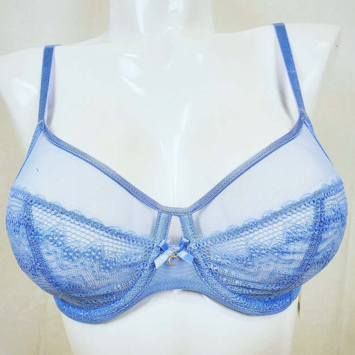 A great Chantelle bra, Revele Moi, a full cup bra with sheer mesh cups at a low price. Color Blue. Style 1571.
