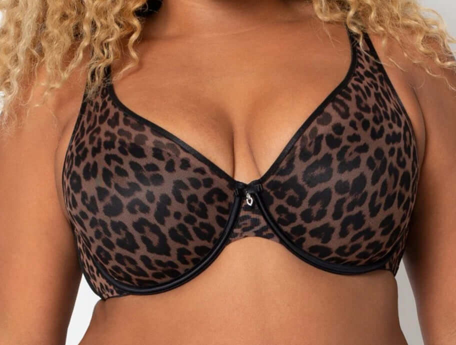 Curvy Couture Sheer. A premium plus size bra on sale. Color Leopard. Style 1310.