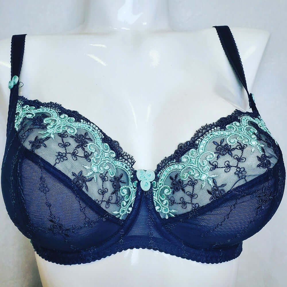 A discontinued Curvy Kate bra, Romance, a balcony bra with beautiful detail. Color charcoal seafoam. Style CK1501.