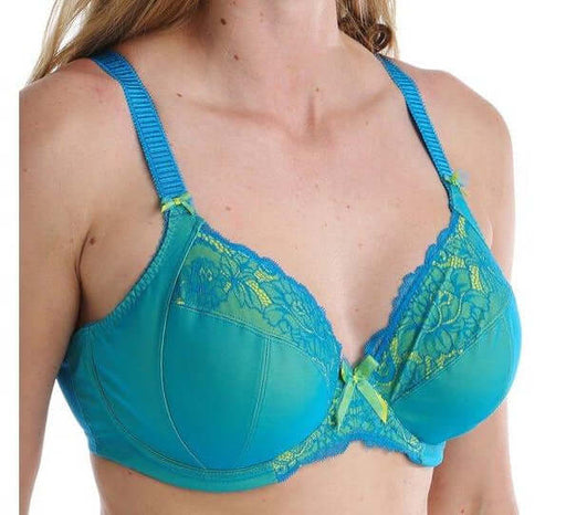 This Elomi plunge bra, Anushka, has a lot of flare. Low cut plunge. Multi-part cups. Side support panels. And a low price. Color Kingfisher. Style EL4061.