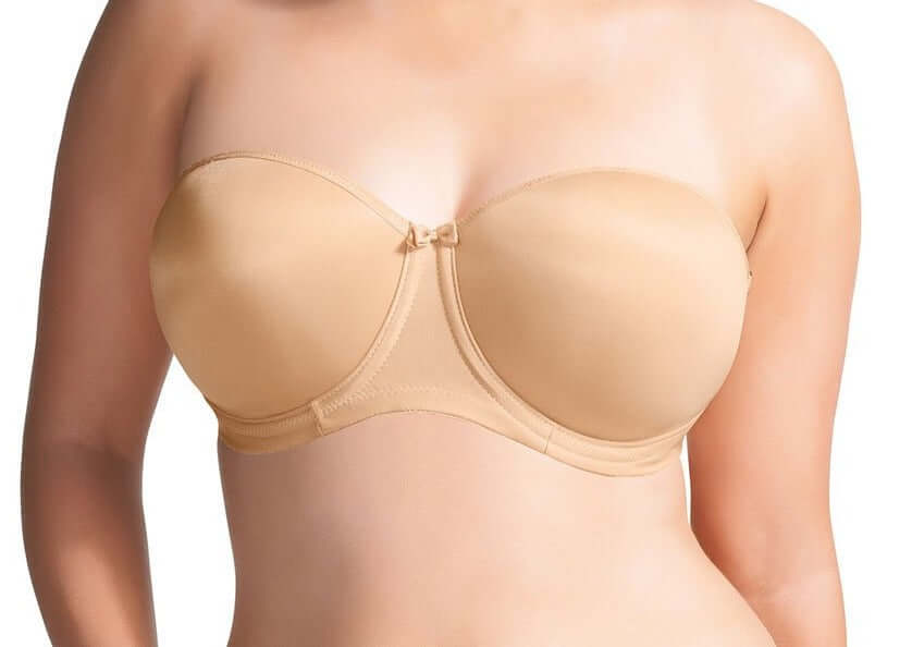 A great plus size bra for the full bust. Elomi Smoothing, a versatile strapless bra with contour cups. You can wear it with straps. Discontinued so now on sale. Color Beige. Style EL1230.
