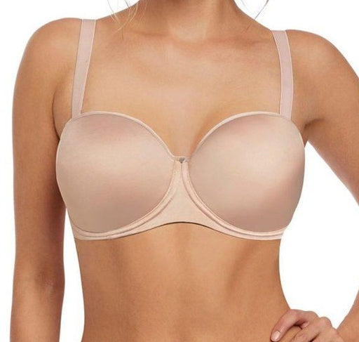 Fantasie Aura, a great strapless bra with molded, foam lined cups, in a plunge shape. Wear it with or without straps. Color Beige. Style FL2320.