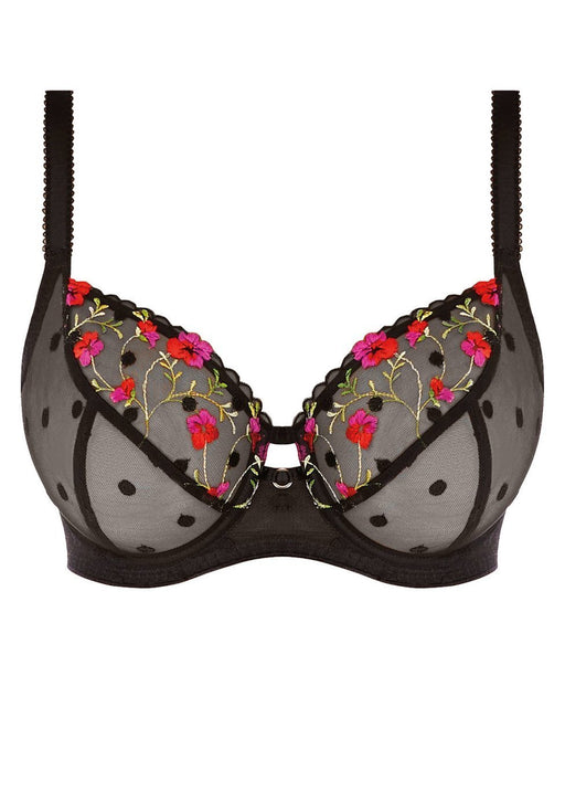 A Freya bra that oozes femininity, Awakening, a sheer plunge bra with beautiful embroidery. Discontinued and on sale at a low price. Color Black. Style AA5331.