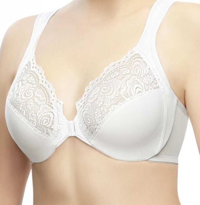 Glamorise Elegance, a front-closing bra with a low front. Color White. Style 1245.