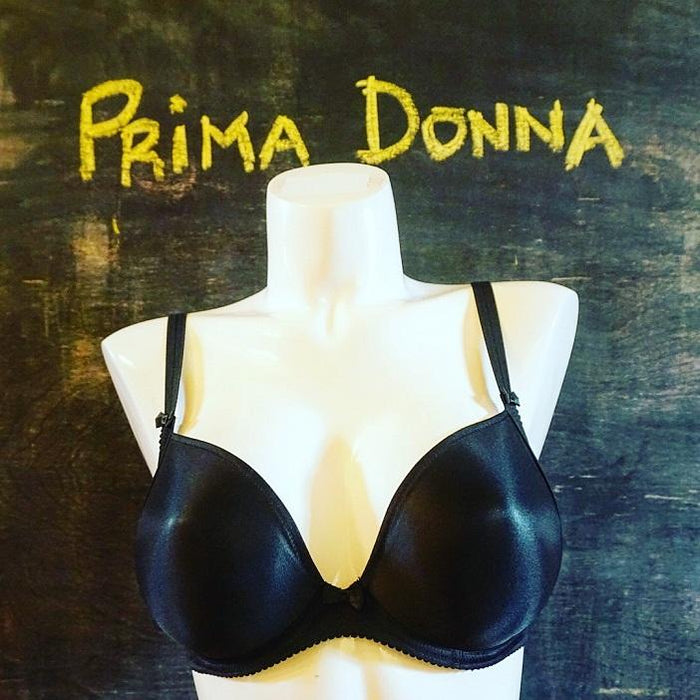  A deep plunge bra by Prima Donna. A satin black finish makes this contemporary bra ideal for the firmer breast. Style 0161334.