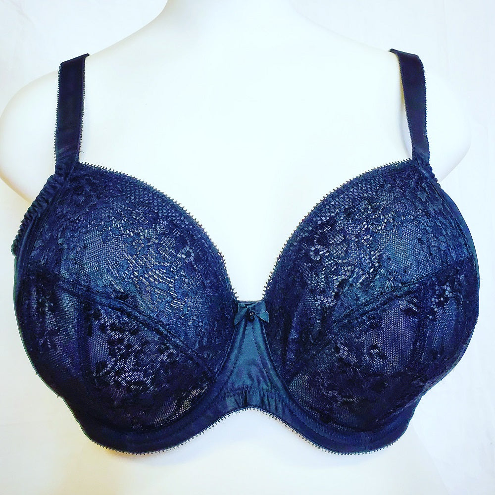 Sculptresse by Panache, Roxie, a beautiful plunge bra with embroidered semi-sheer lace at an affordable price. Color Black. Style 9586.