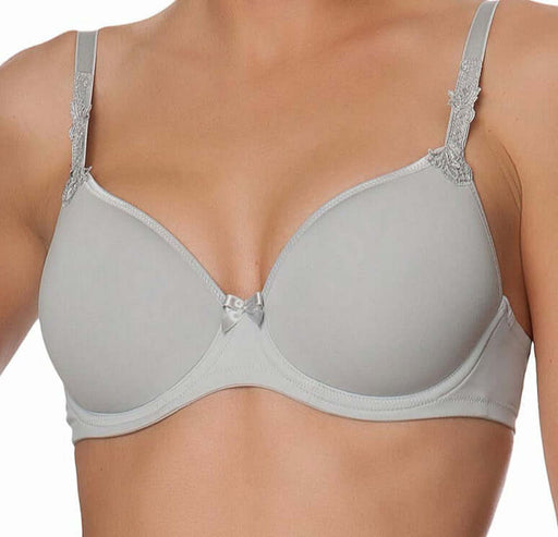 A reliable Lise Charmel bra from their Antinea line. A plunge, contour, tshirt bra with spacer foam cups. Color grey. Style DCC 2789.