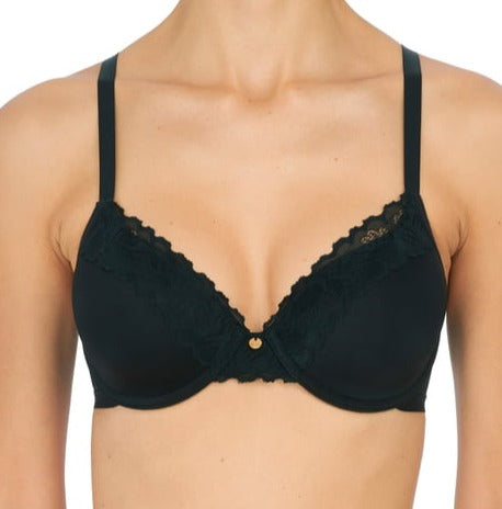 This hard to find Natori bra is on sale at a low price. A deep plunge bra with lightly padded cups. Color black. Style 19030.