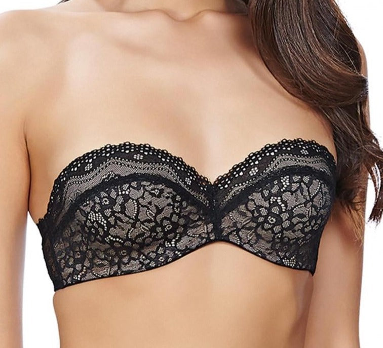Wacoal B.Tempt'd B.Enticing strapless bra with a clever clasp on the side for a smooth back lacey band. Color black. Style 954237.
