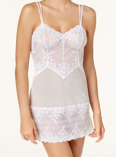 A great Wacoal chemise, Lace Embrace, is soft and versatile. Use her for bed, layering or just hanging around. Mesh body with lace trim. Color white. Style 814191.