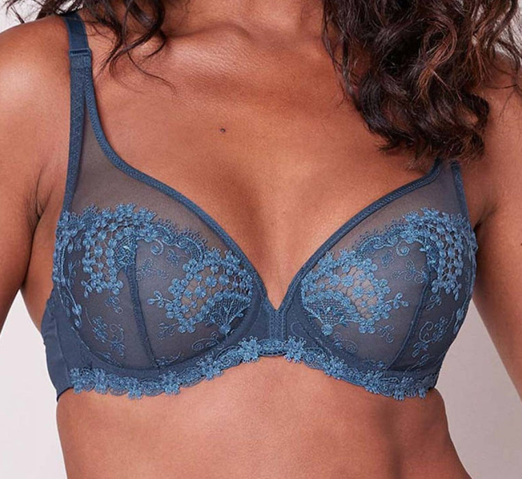 Simone Perele Wish, a full cup plunge bra. Incredible design and support. On sale. Color Petrol Blue. Style 12B319.