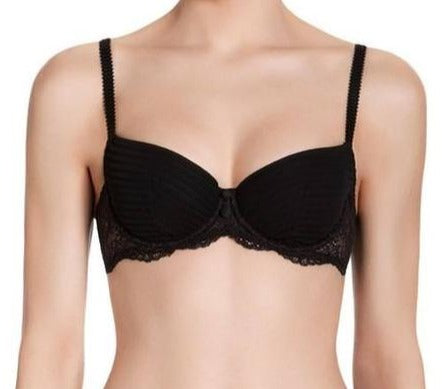 Simone Perele's lined, padded, demi bra in black, Aboslue, has a pleated graphic mesh over the cups for style. Style - 13X341.